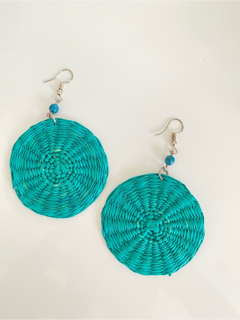 Turquoise Woven toquilla Round Dangle Earrings